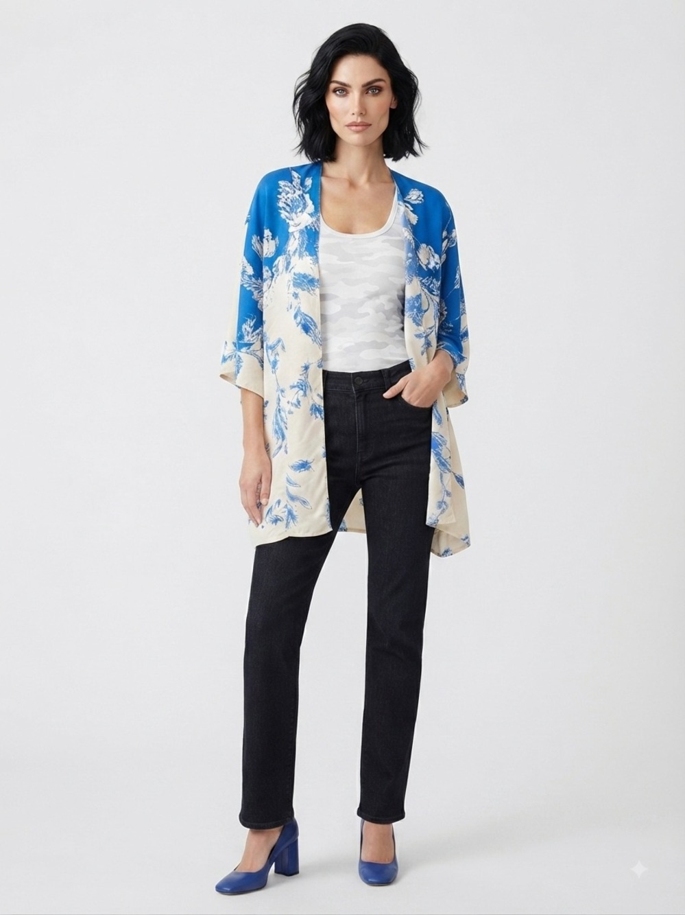Blue & Off-White Floral Open-Front Kimono Cardigan
